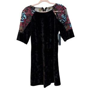 Nicole Miller Dress Womens 4 Black Velvet Embroidered Mesh Sleeve Cocktail Party